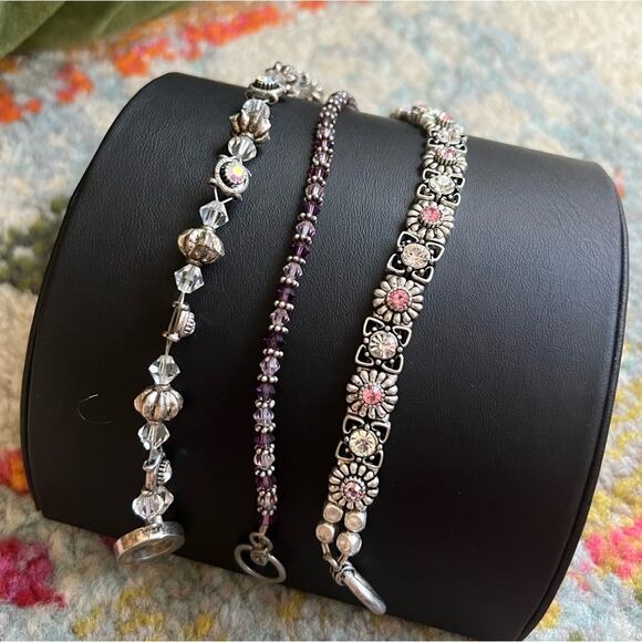 Silver + Pink, Purple, & Clear Crystal 3 Bracelet Stack Set - Picture 3 of 7